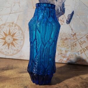 Vintage 1960s Ornate Patterned Blue Glass Bud Vase By Oberglas Of Austria.